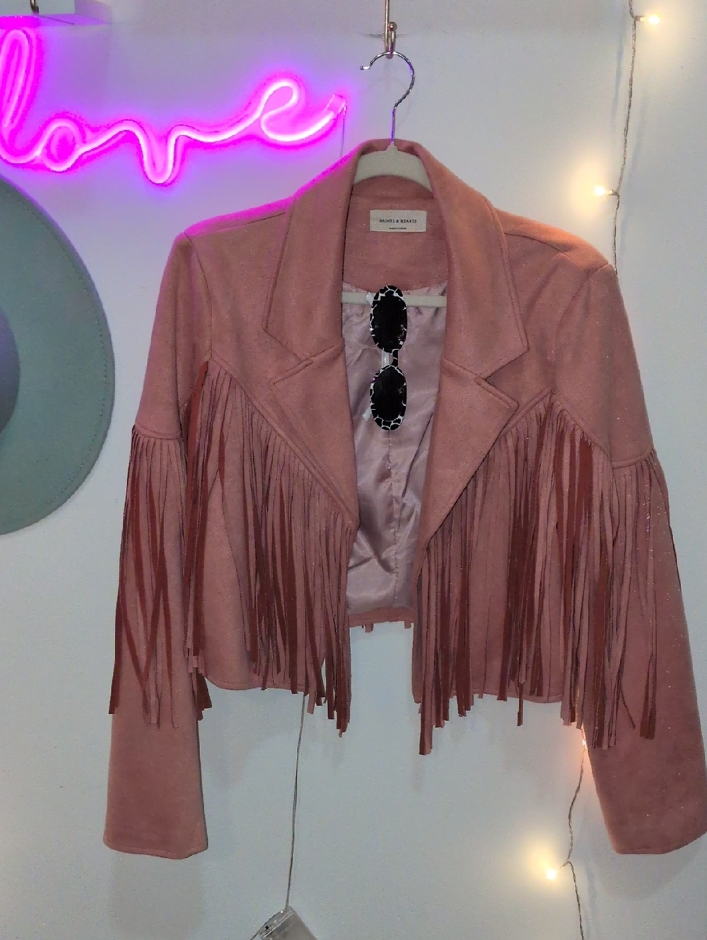 Pink Fringe Faux Suede Saints & Hearts Jacket